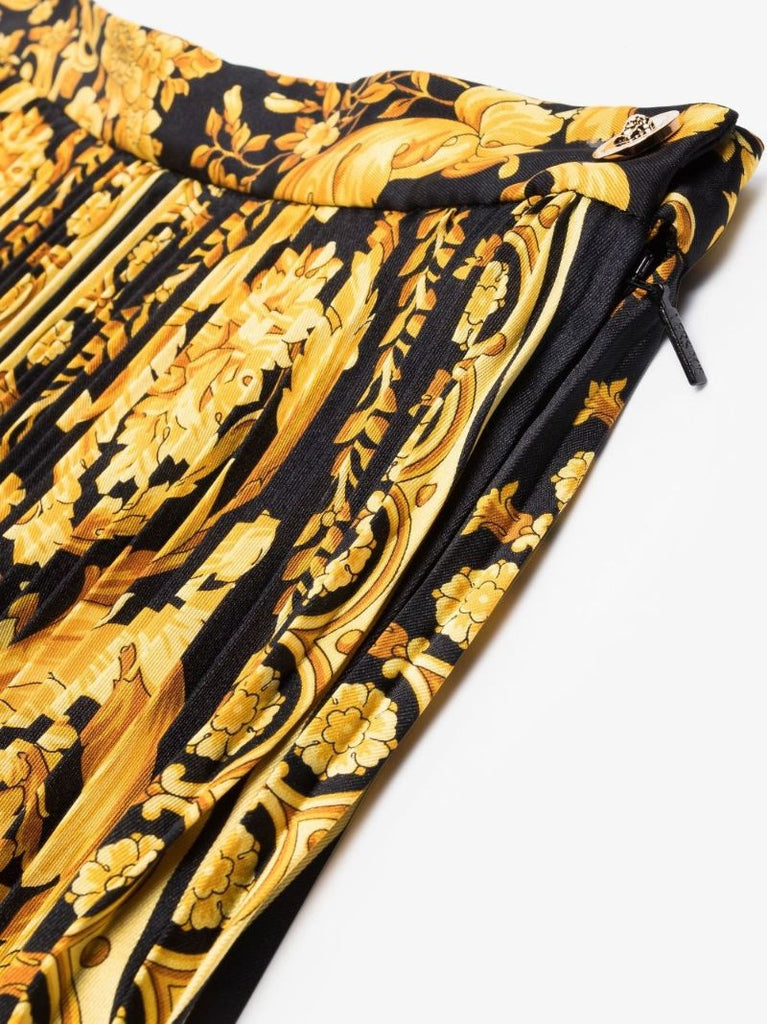 Black Baroque Print Pleated Midi Skirt