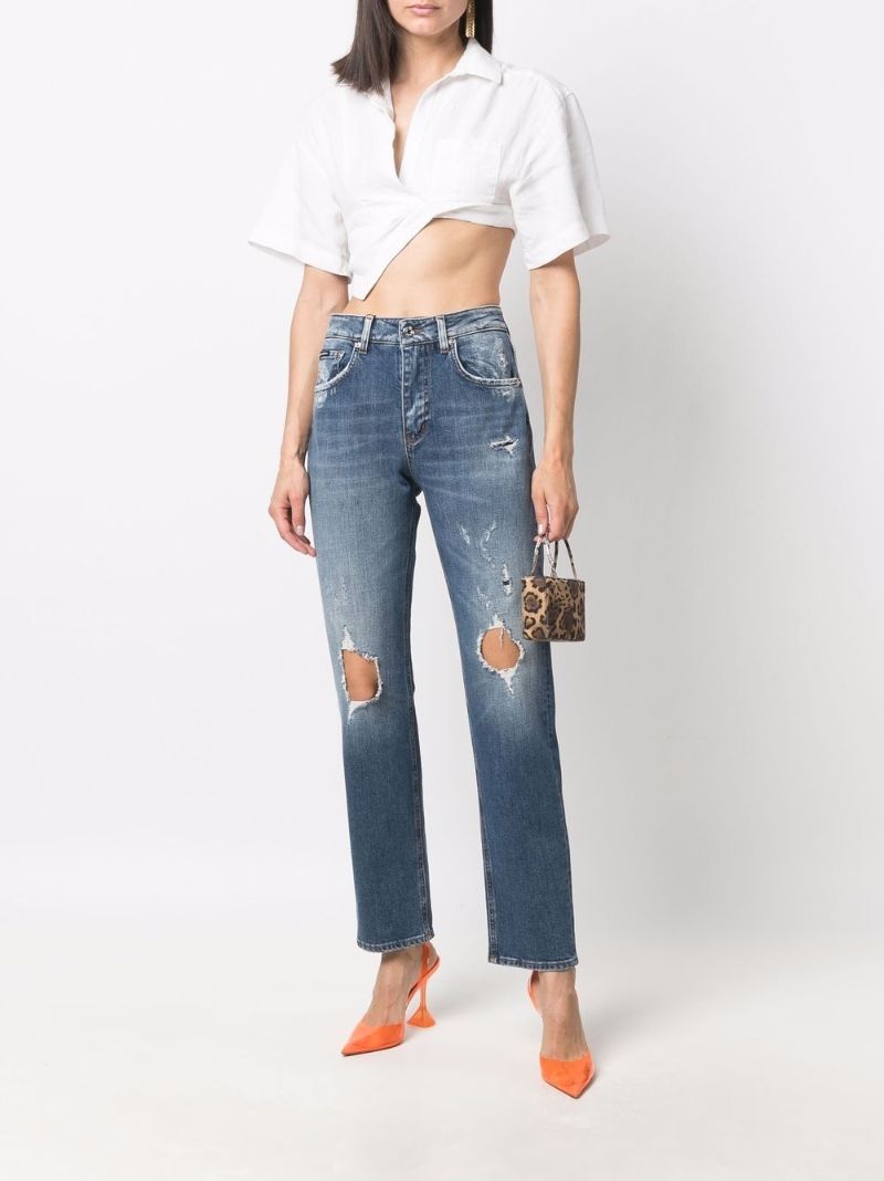 Blue Distressed Straight-leg Jeans