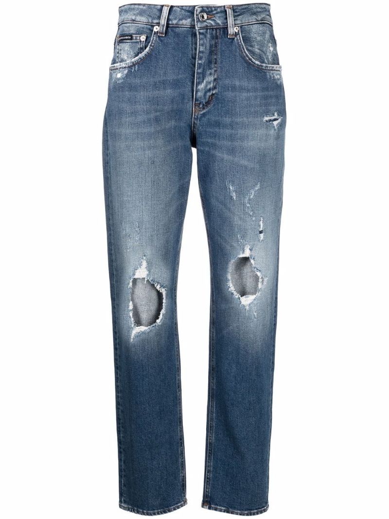 Blue Distressed Straight-leg Jeans