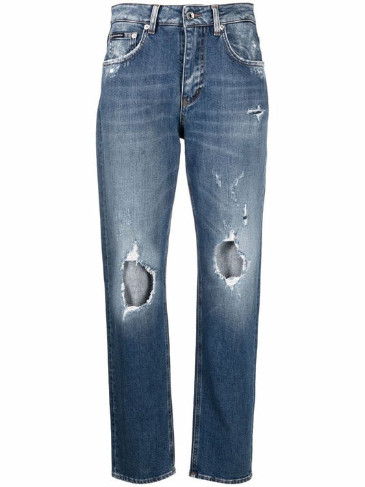 Blue Distressed Straight-leg Jeans