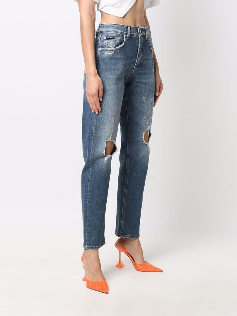 Blue Distressed Straight-leg Jeans
