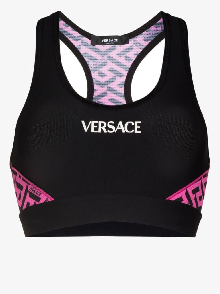 Black Greca Signature Print Sports Bra