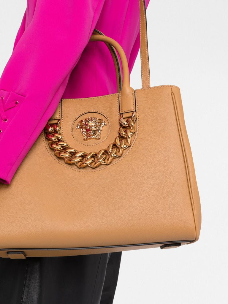 Brown Medusa Leather Tote Bag