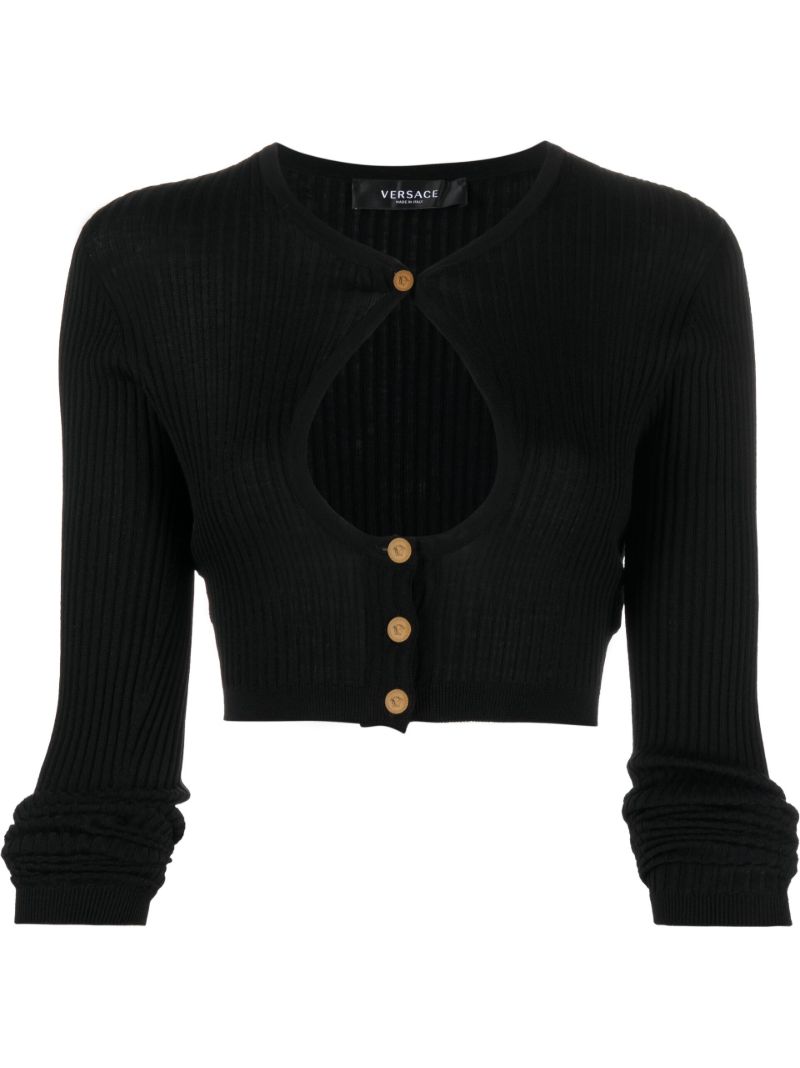 Black Cropped Cut-out Wool Cardigan