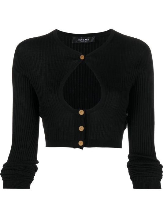 Black Cropped Cut-out Wool Cardigan