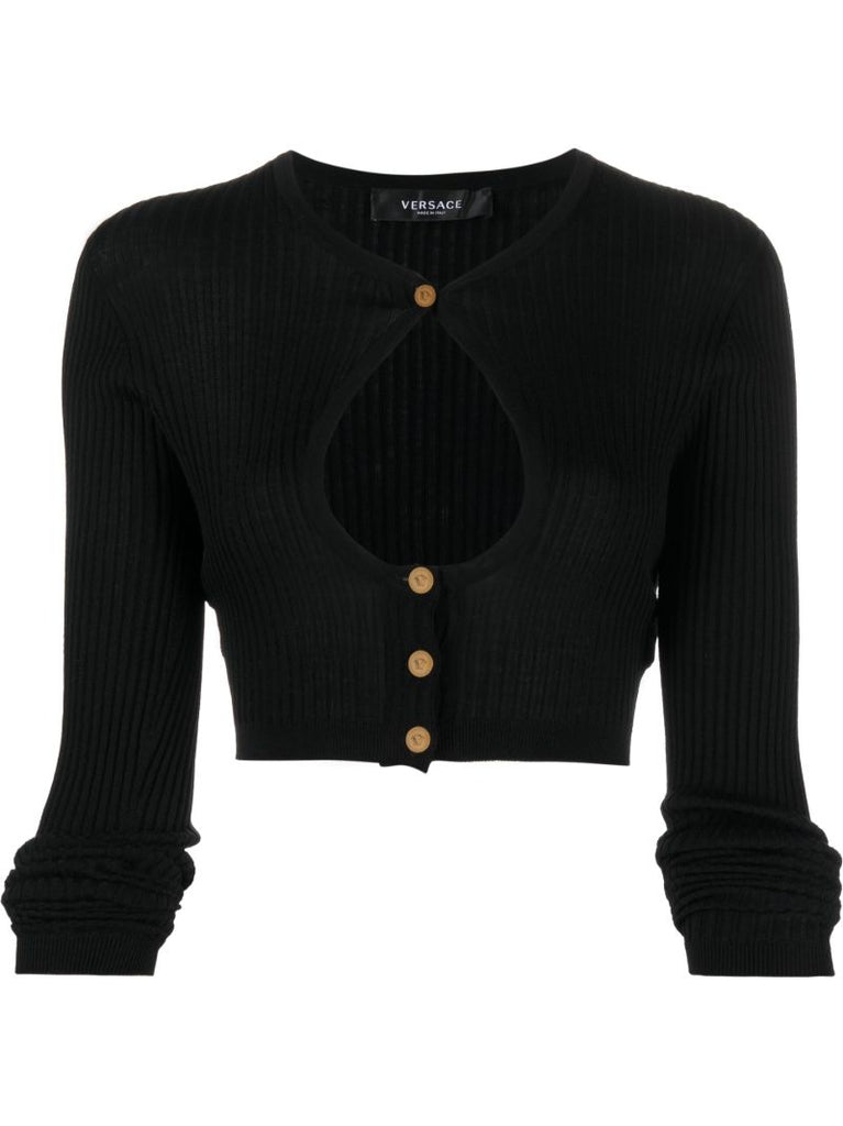 Black Cropped Cut-out Wool Cardigan