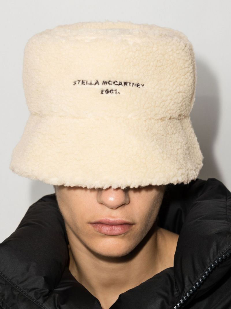 Neutral Faux Shearling Logo Bucket Hat