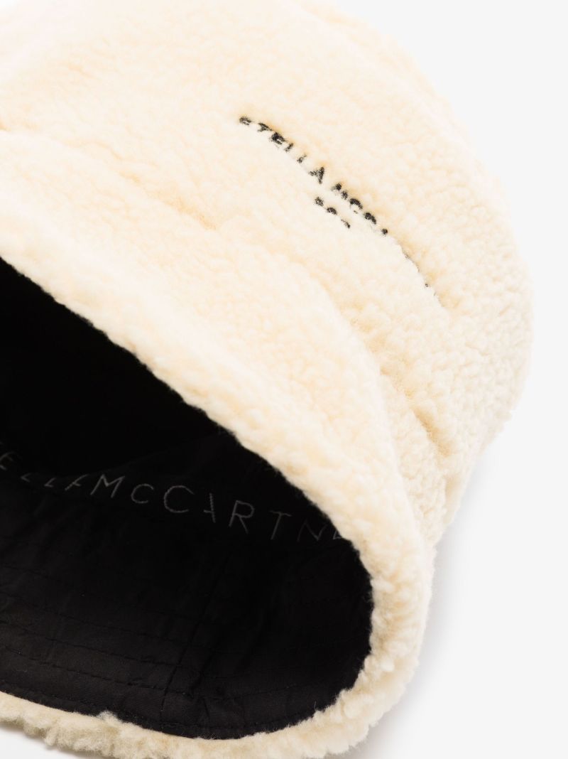 Neutral Faux Shearling Logo Bucket Hat