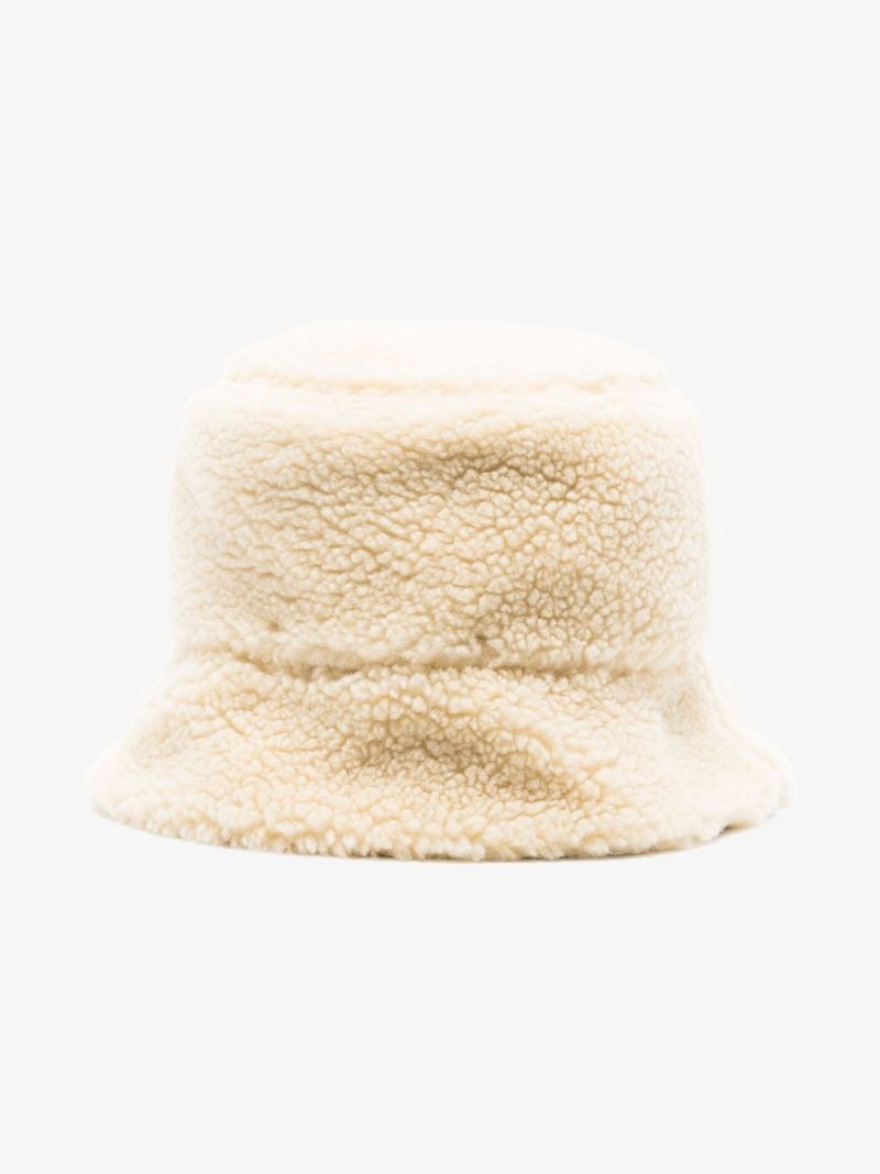 Neutral Faux Shearling Logo Bucket Hat