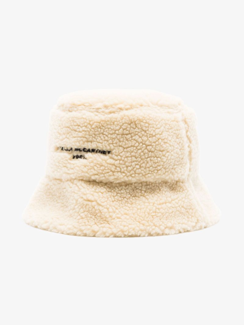 Neutral Faux Shearling Logo Bucket Hat