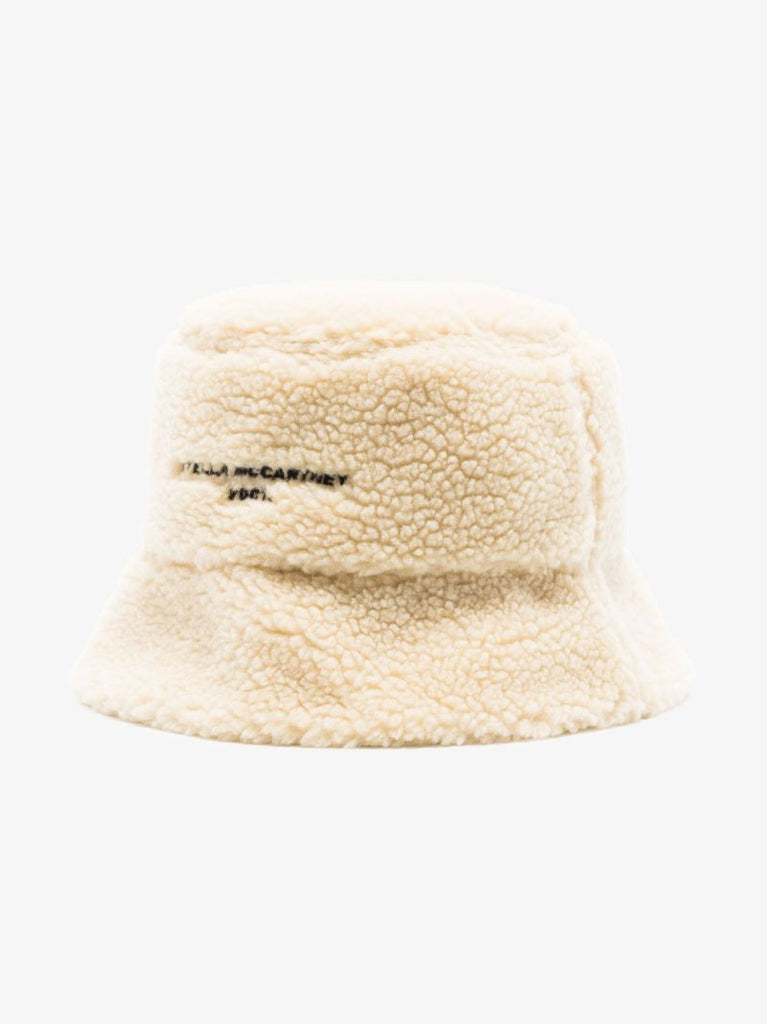 Neutral Faux Shearling Logo Bucket Hat