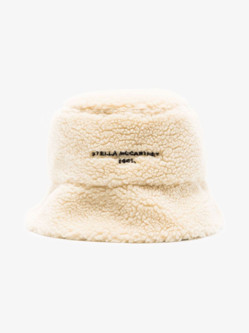Neutral Faux Shearling Logo Bucket Hat