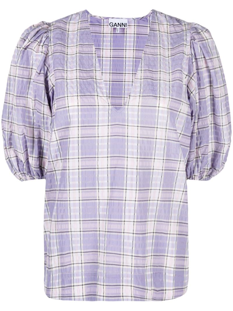 Purple Checked Print Puff Sleeve Blouse
