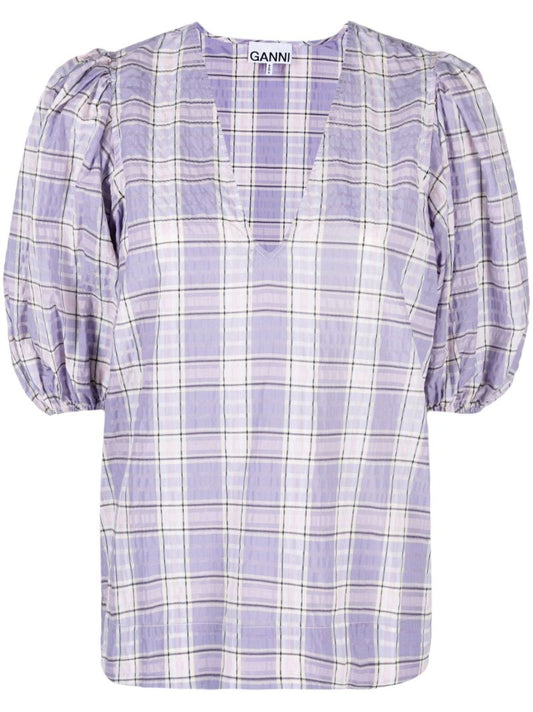 Purple Checked Print Puff Sleeve Blouse