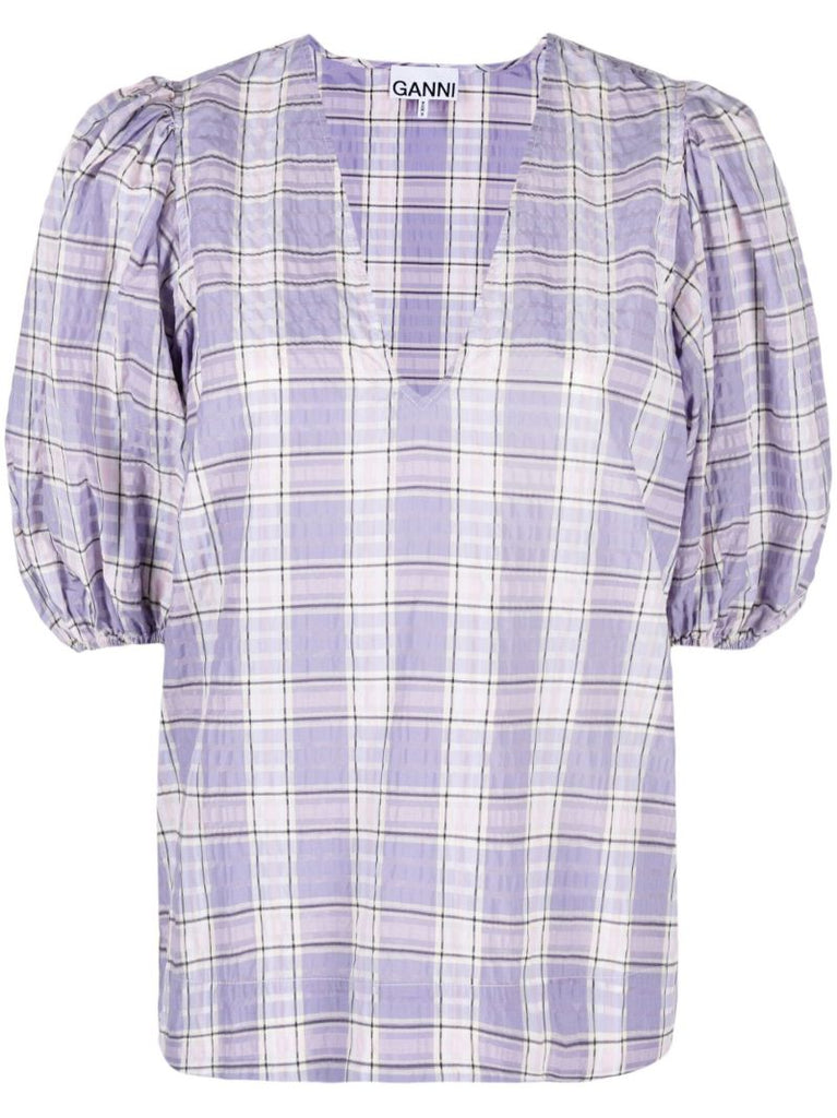 Purple Checked Print Puff Sleeve Blouse
