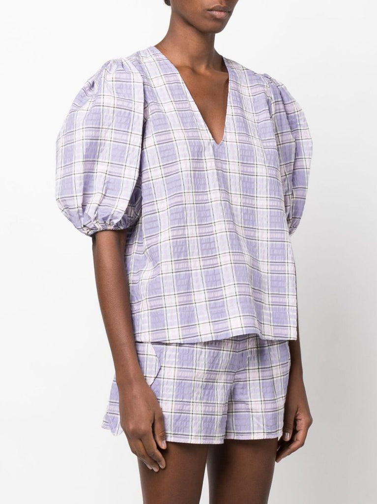 Purple Checked Print Puff Sleeve Blouse