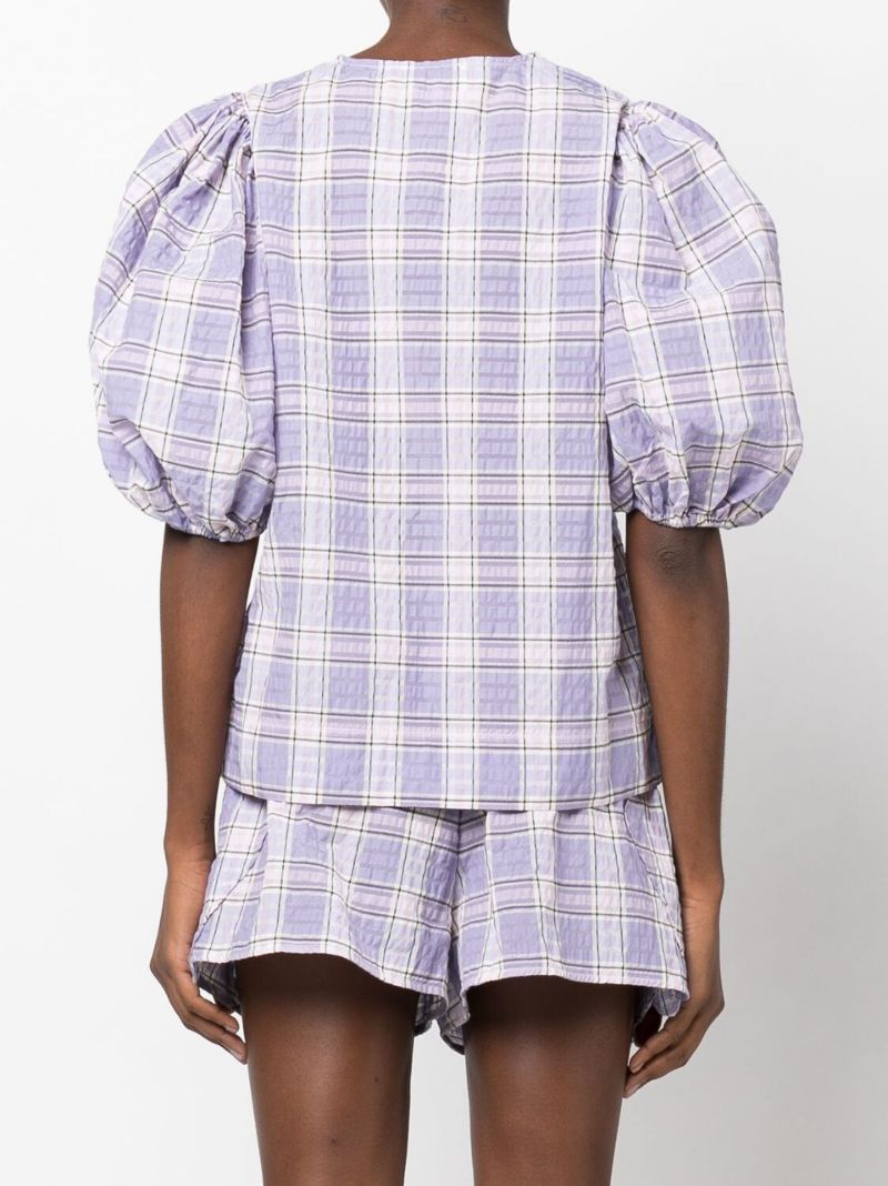 Purple Checked Print Puff Sleeve Blouse