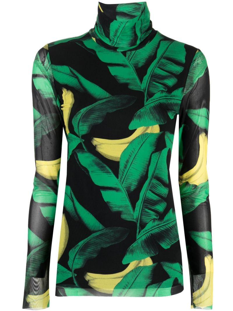 Black Banana Print Mesh Top