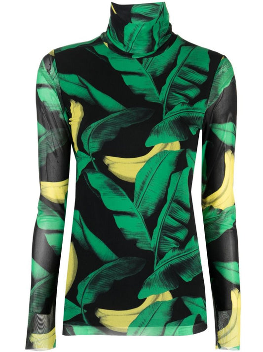 Black Banana Print Mesh Top