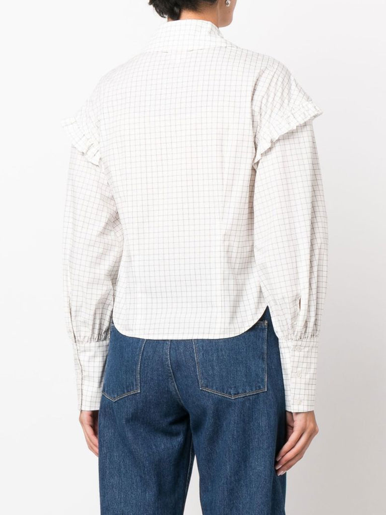 White Linnea Check Print Ruffle Shirt