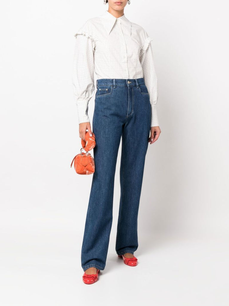 White Linnea Check Print Ruffle Shirt