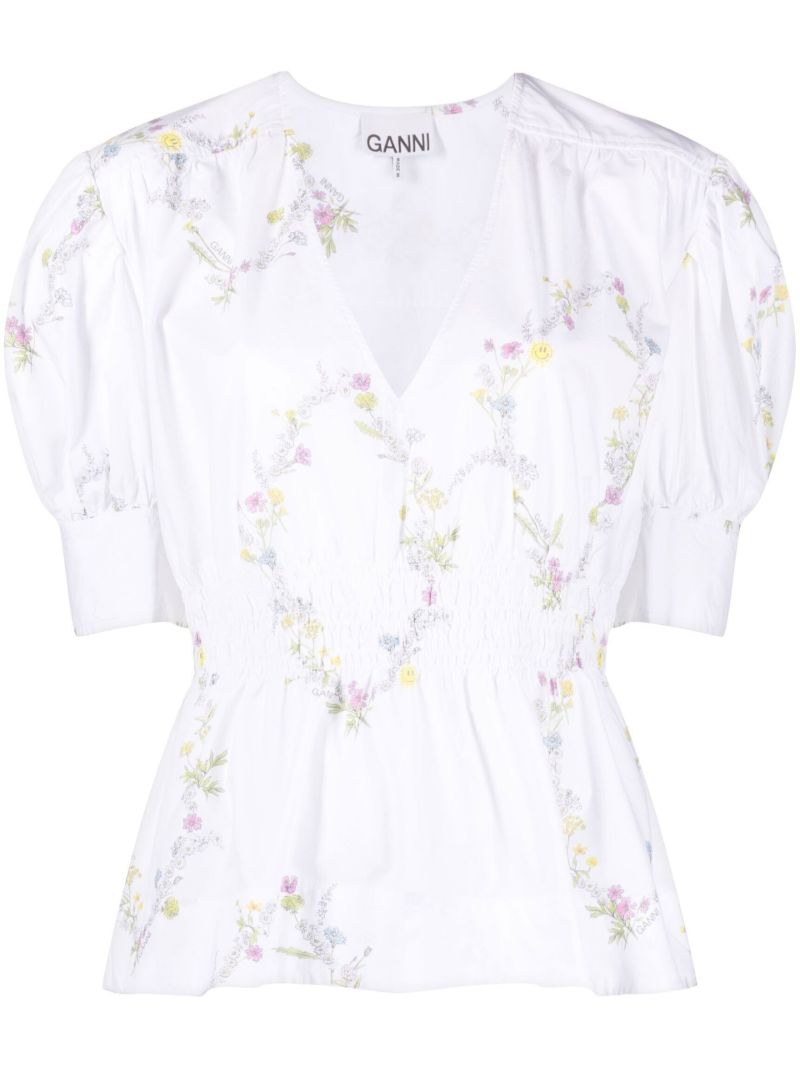 White Floral Puff Sleeve Top
