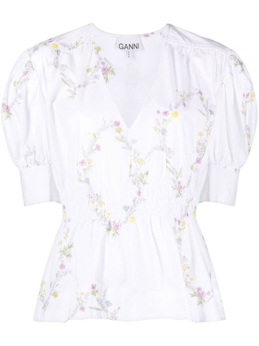 White Floral Puff Sleeve Top