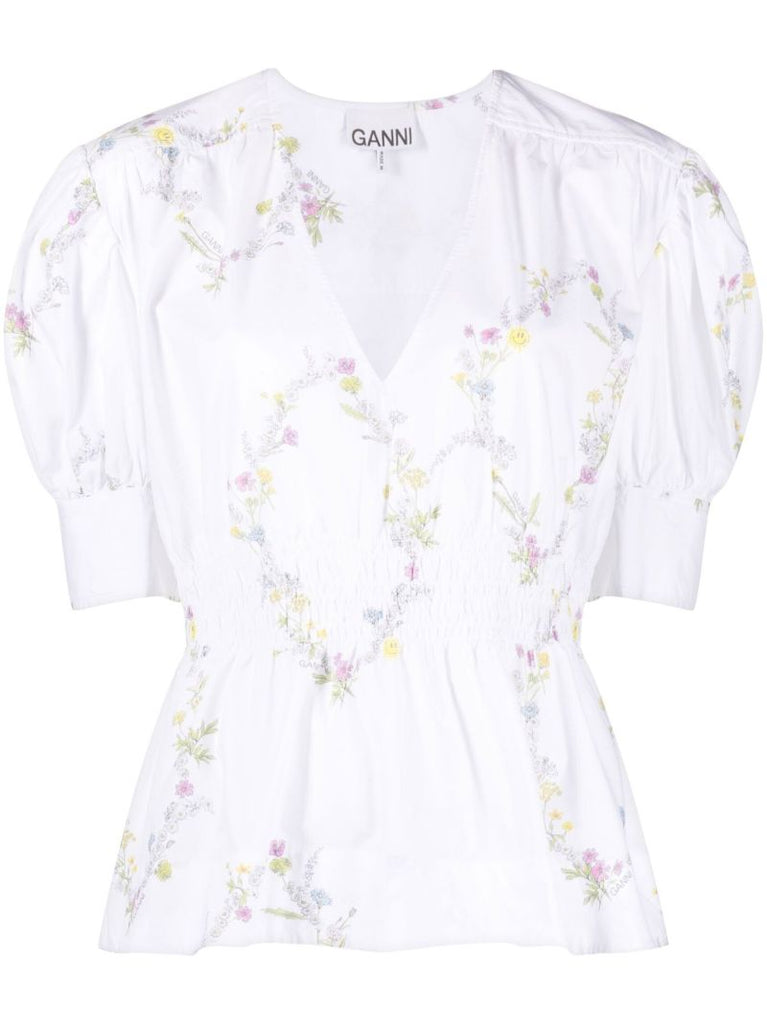 White Floral Puff Sleeve Top