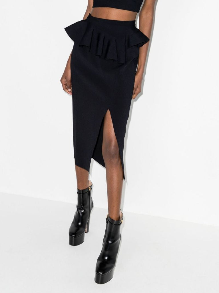 Black Ruffle Detail High Waist Skirt