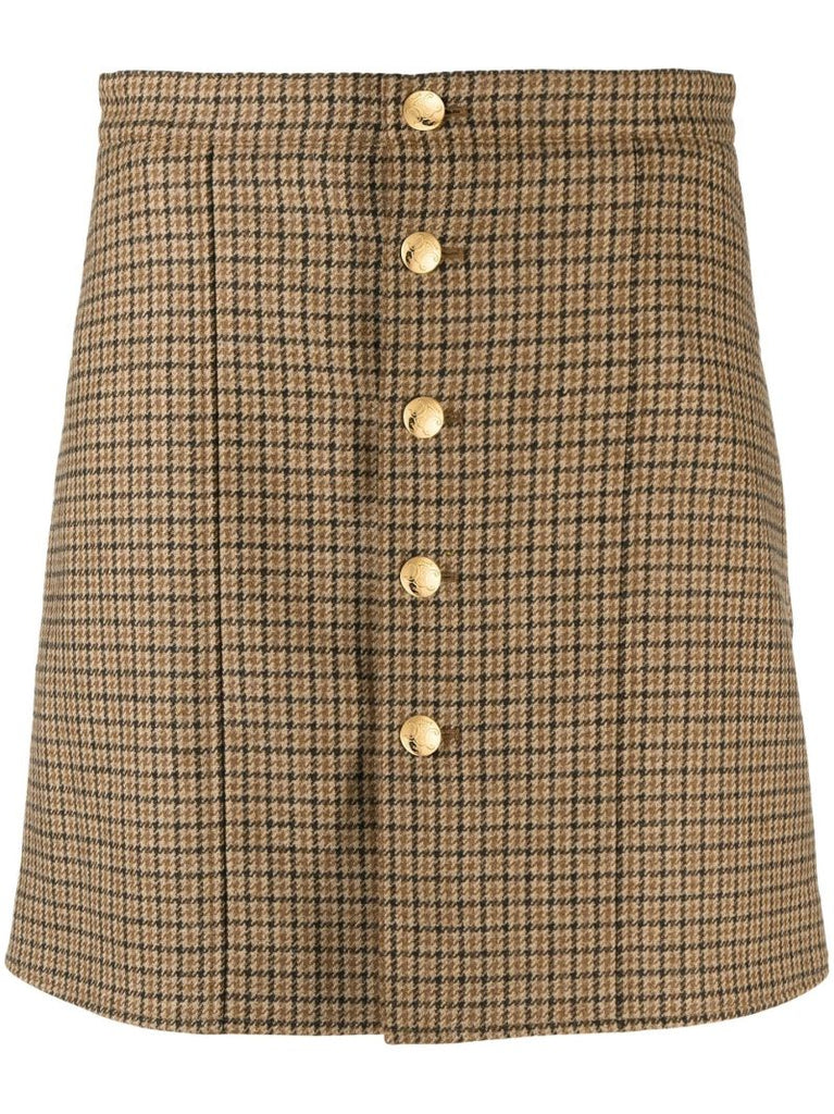 Brown Check Wool Mini Skirt