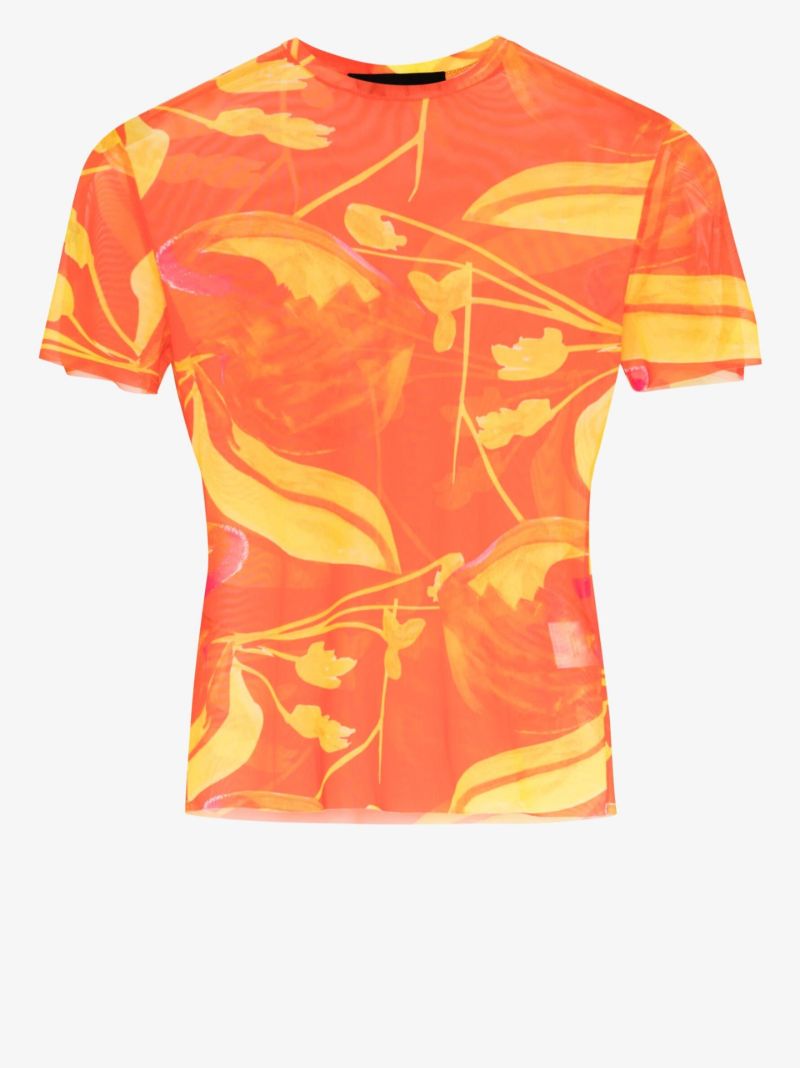 Orange Floral Print Mesh Beach T-shirt