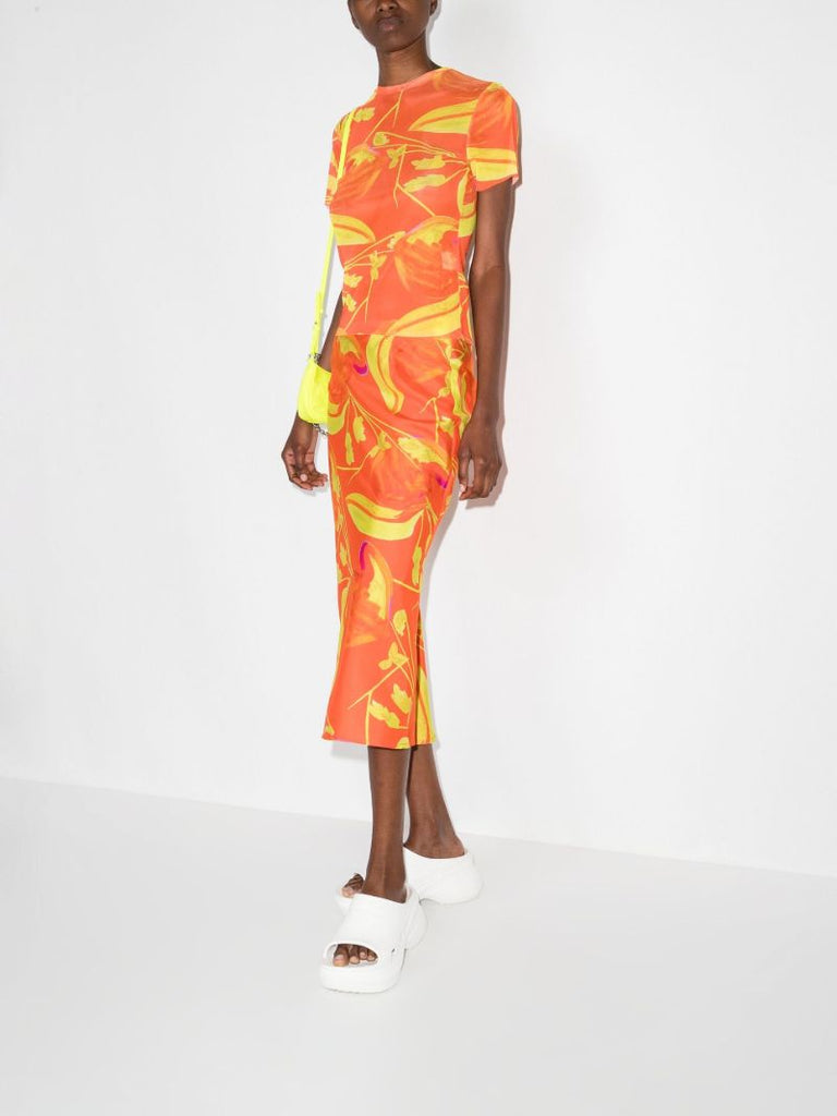 Orange Floral Print Mesh Beach T-shirt