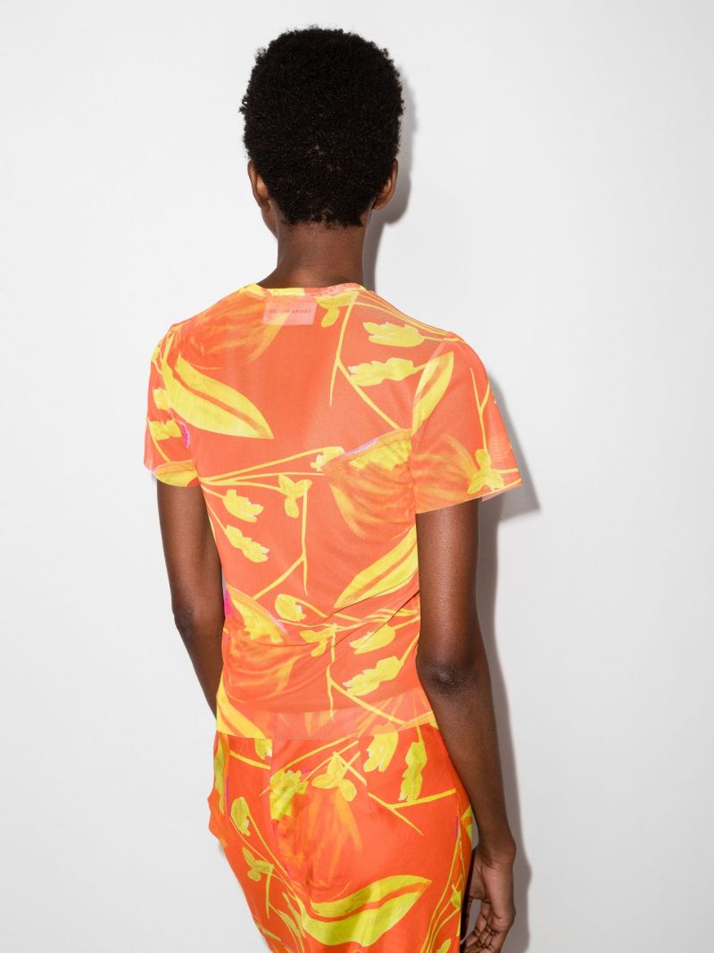 Orange Floral Print Mesh Beach T-shirt