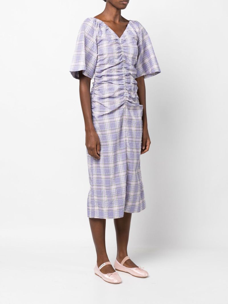 Purple Checked Seersucker Ruched Midi Dress