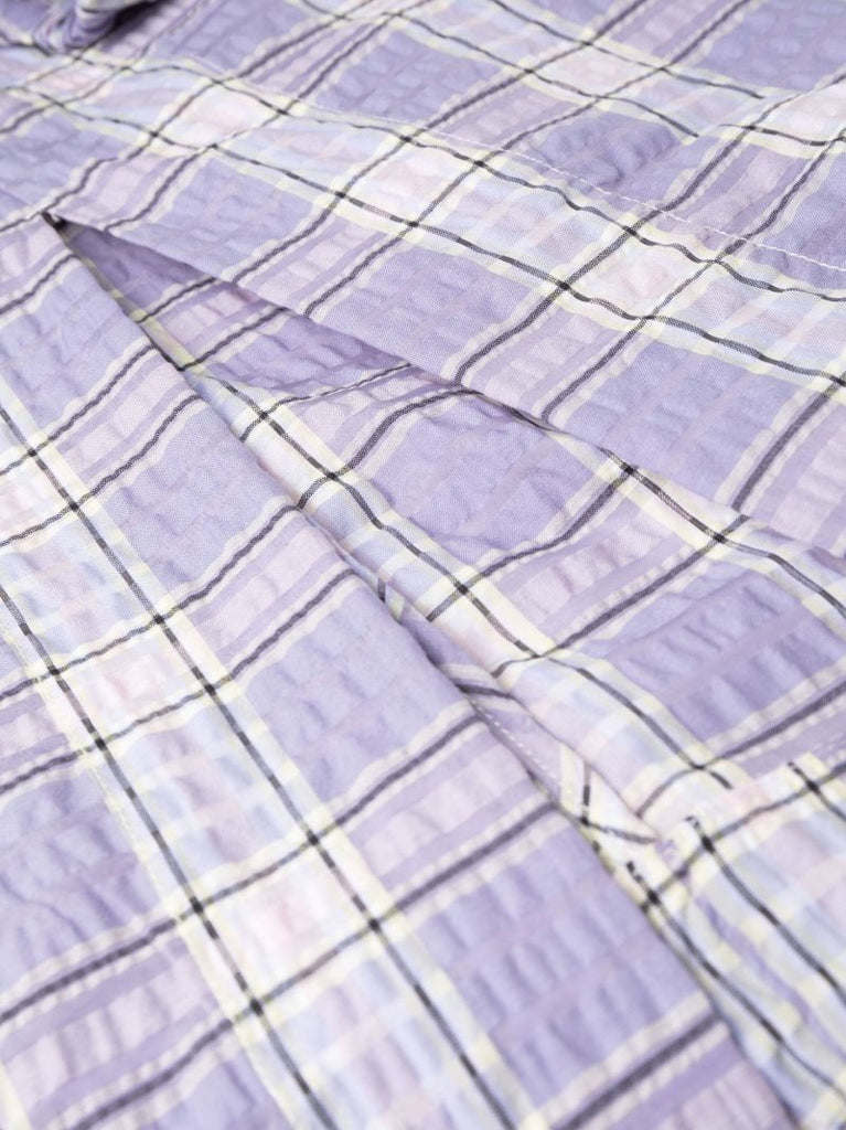 Purple Checked Seersucker Ruched Midi Dress