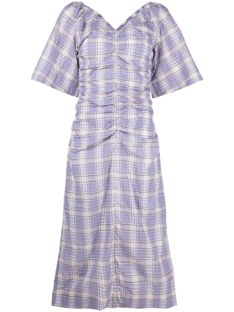 Purple Checked Seersucker Ruched Midi Dress