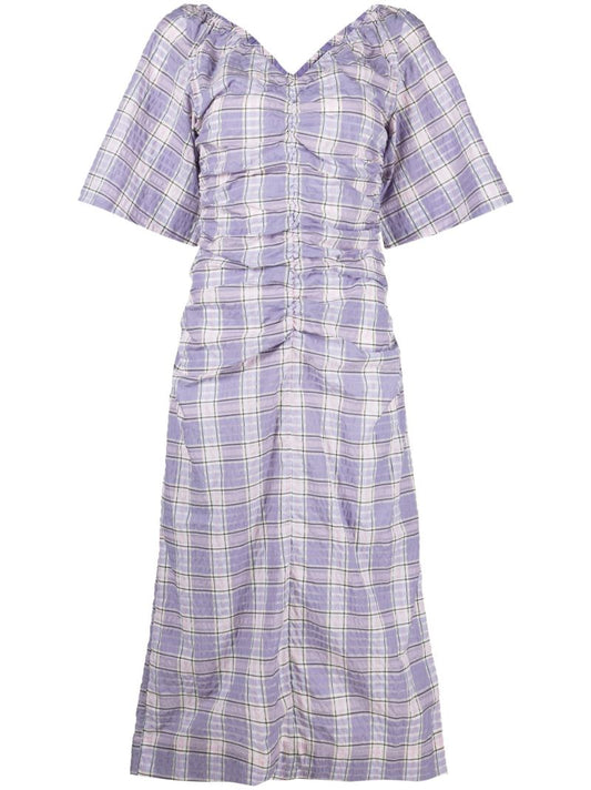 Purple Checked Seersucker Ruched Midi Dress