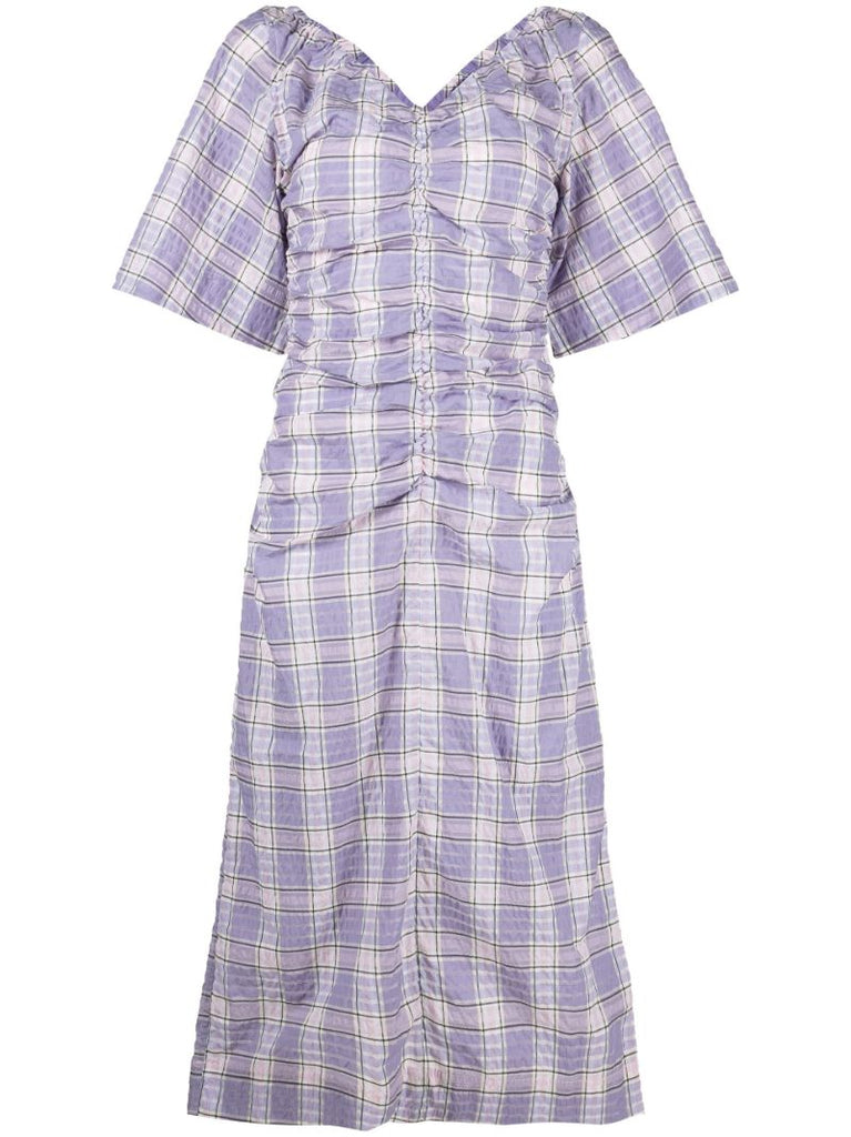 Purple Checked Seersucker Ruched Midi Dress