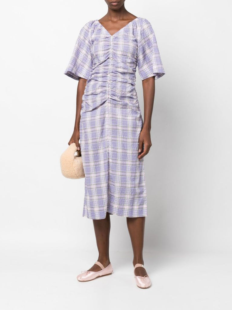 Purple Checked Seersucker Ruched Midi Dress