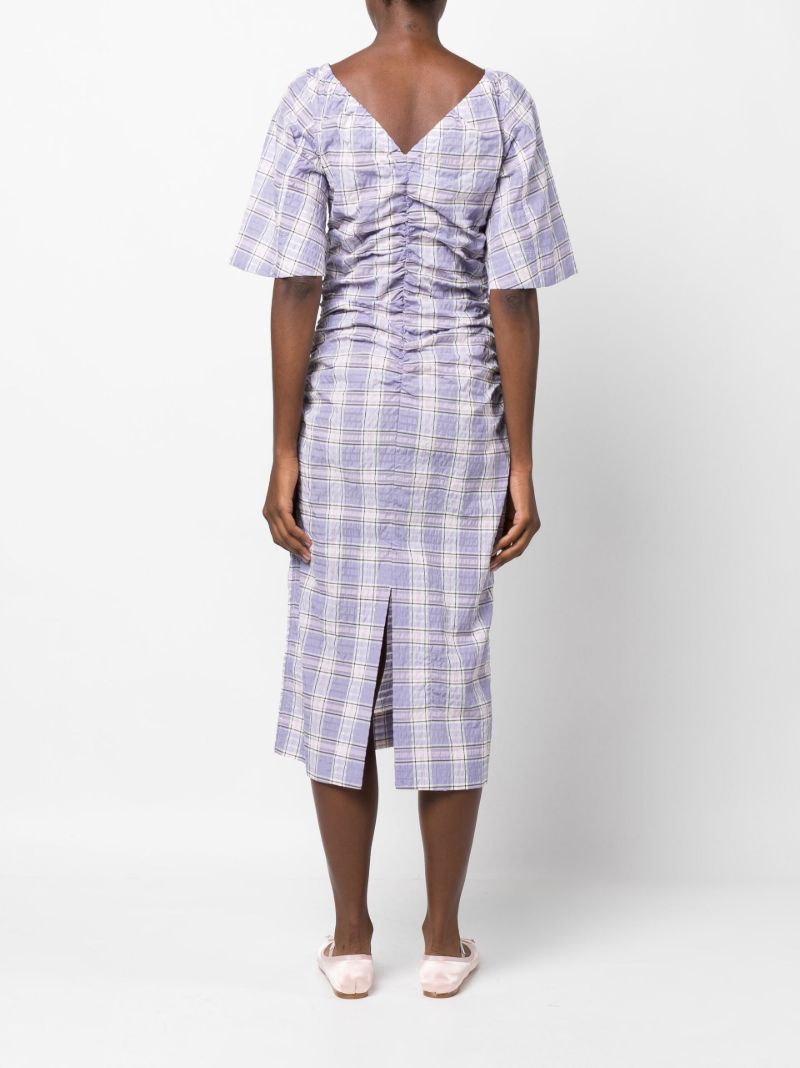 Purple Checked Seersucker Ruched Midi Dress