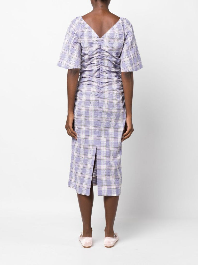 Purple Checked Seersucker Ruched Midi Dress