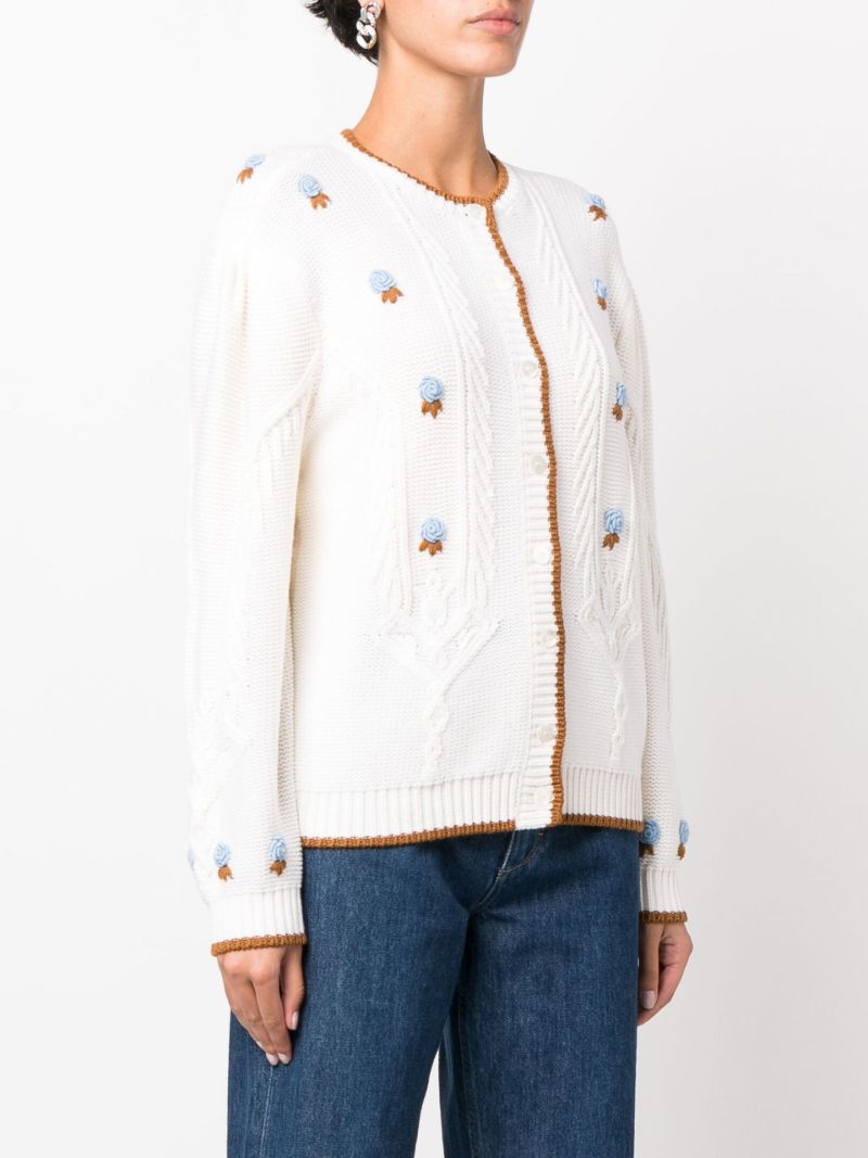 White Zinnia Floral-embroidered Cable Knit Cardigan