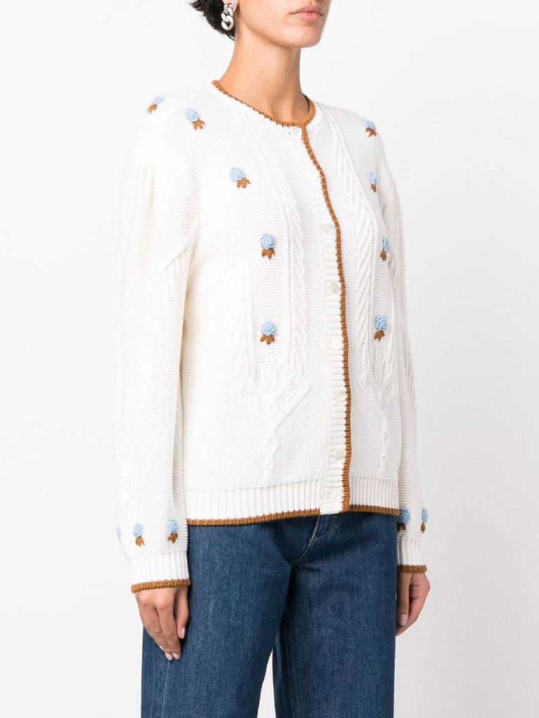 White Zinnia Floral-embroidered Cable Knit Cardigan