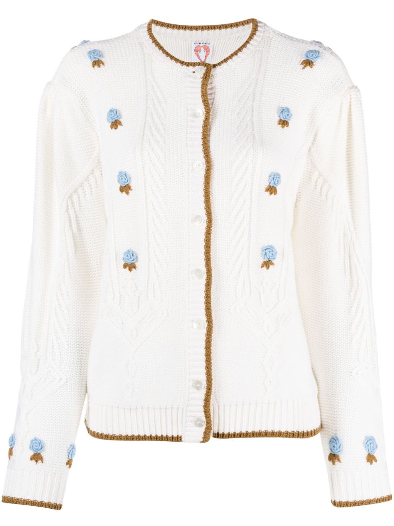White Zinnia Floral-embroidered Cable Knit Cardigan