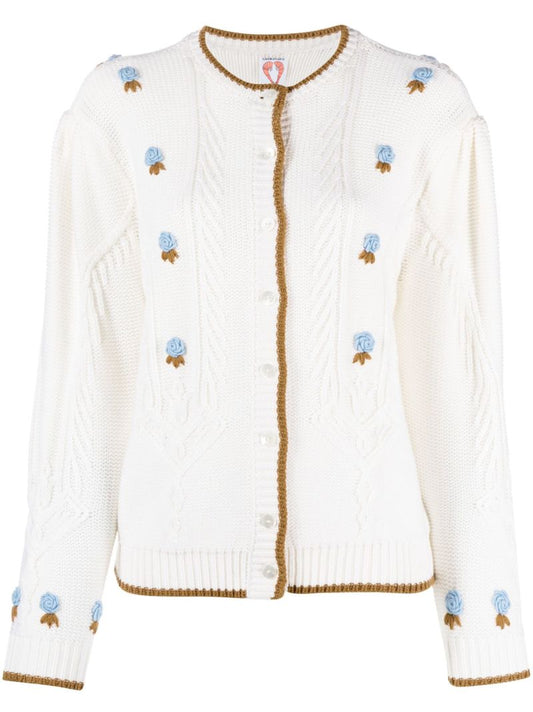 White Zinnia Floral-embroidered Cable Knit Cardigan