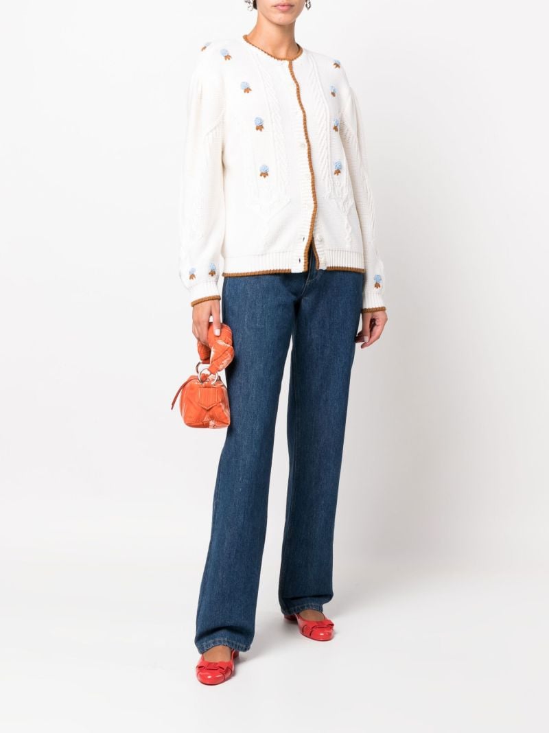 White Zinnia Floral-embroidered Cable Knit Cardigan
