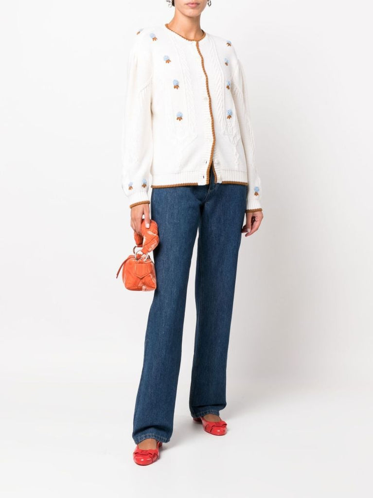 White Zinnia Floral-embroidered Cable Knit Cardigan