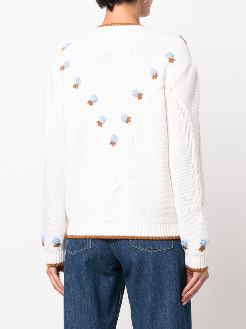 White Zinnia Floral-embroidered Cable Knit Cardigan