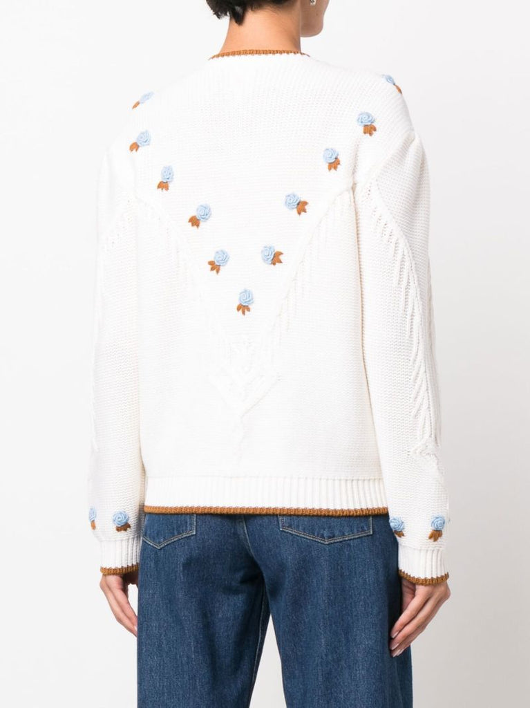 White Zinnia Floral-embroidered Cable Knit Cardigan