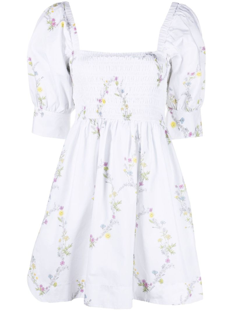 White Floral Puff Sleeve Mini Dress